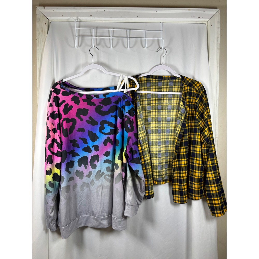 Shein Curve Womens 4XL Rainbow Leopard Sweatshirt & Yellow Plaid‎ Cardigan Set